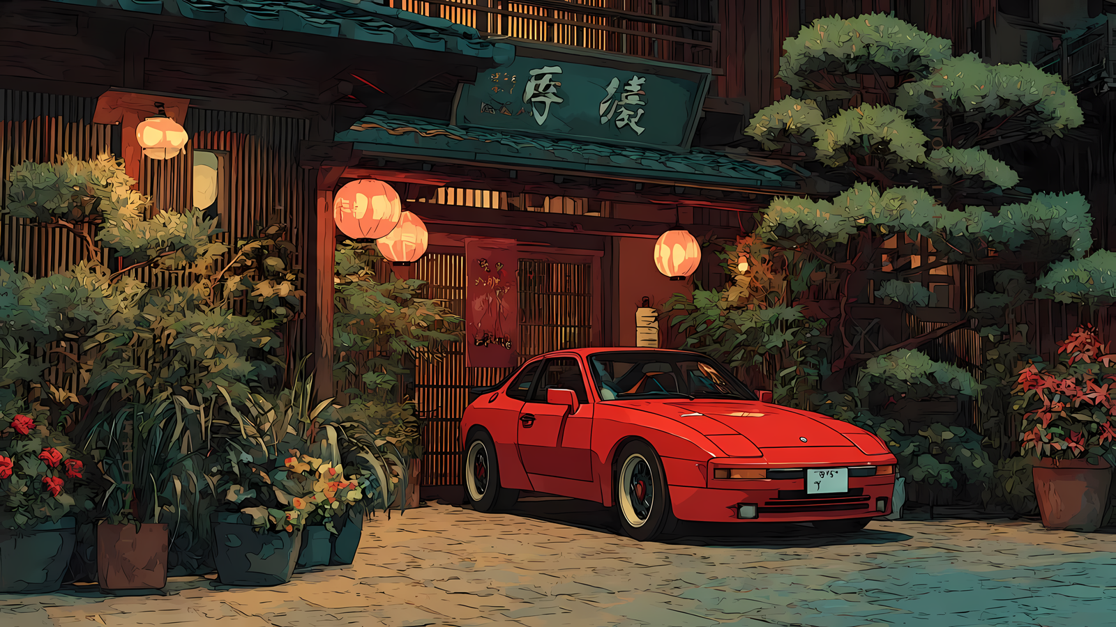 Red Sports Car At Japanese Lantern House 4K Desktop Wallpaper