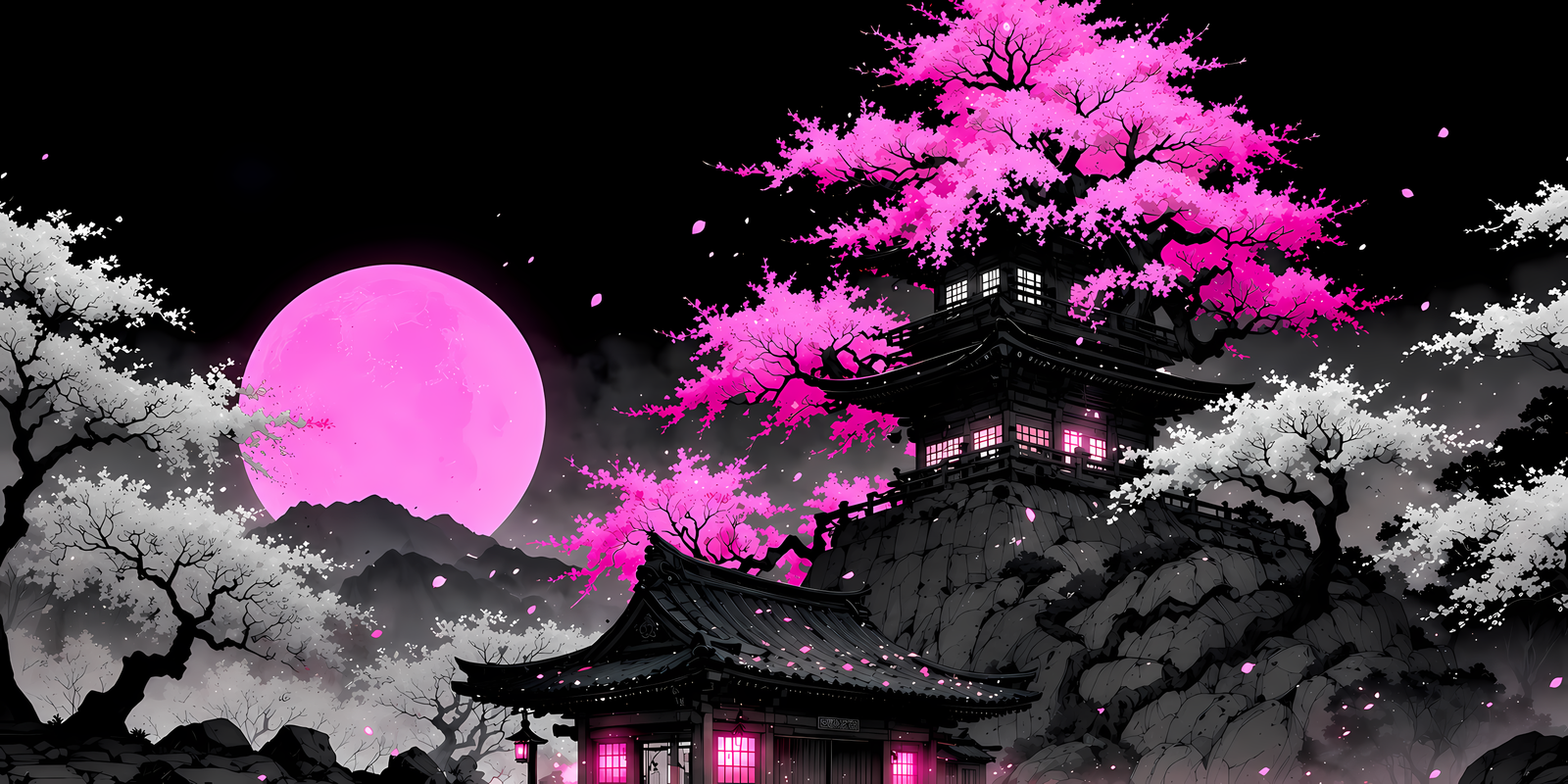 Cherry Blossom Moonlit Japanese House 4K Desktop Wallpaper
