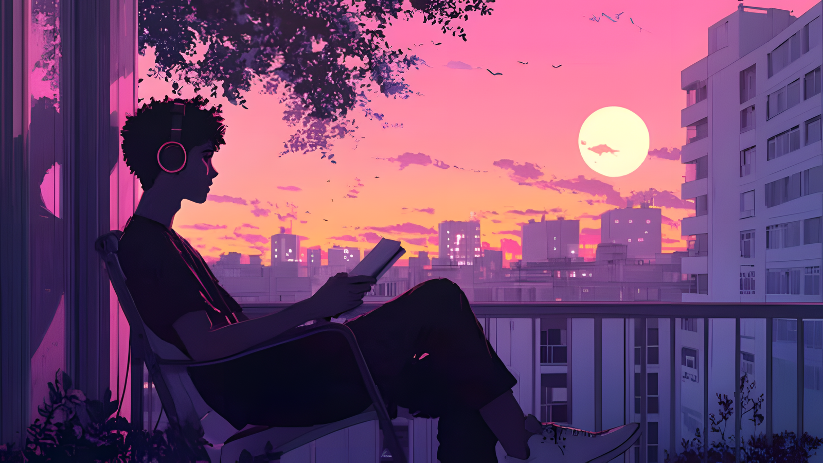 Lo-Fi Sunset Reader 4K Desktop Wallpaper Free Download | WatchOut Walls