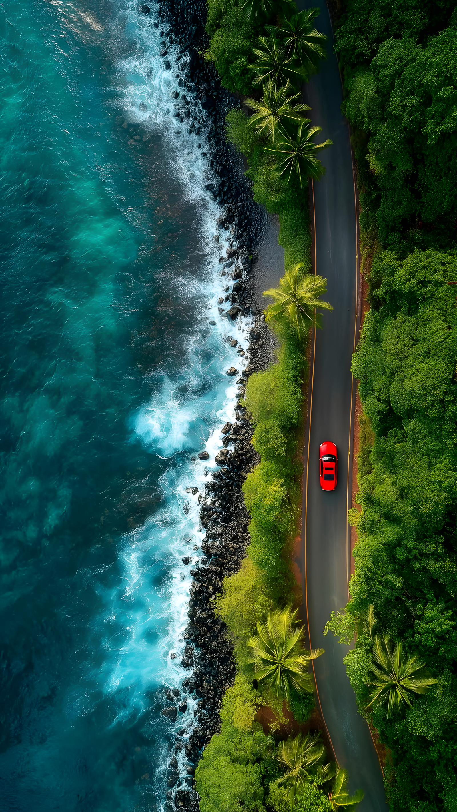 Red Car Coastal Road 4k Mobile Wallpaper